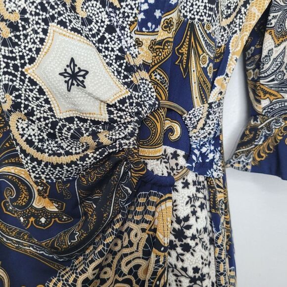 Mixed print faux wrap v neck flattering textured ruffle sleeve dress size 8 - Picture 3 of 8